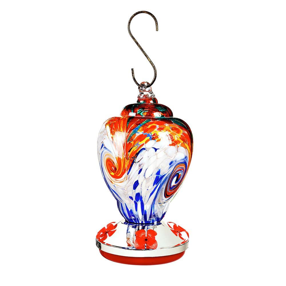 Multi-Colored Swirled Glass and Metal Hummingbird Feeder