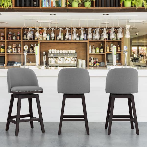 26 in. Gray Wood Frame Fabric Swivel Cushioned Bar Stool, Swivel Counter Stool (Set of 3)