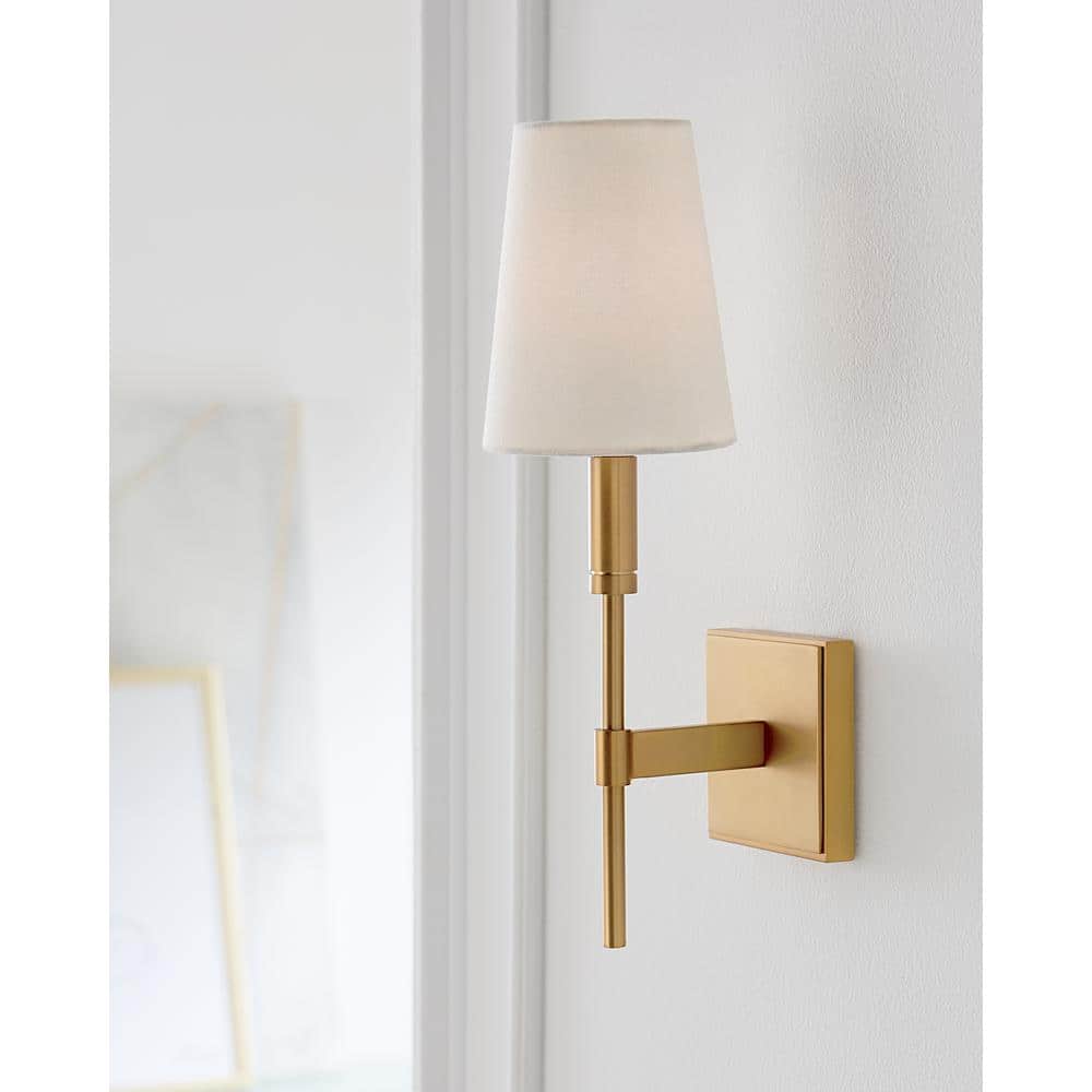 Burnished Brass Wall Sconce with White Linen Shade