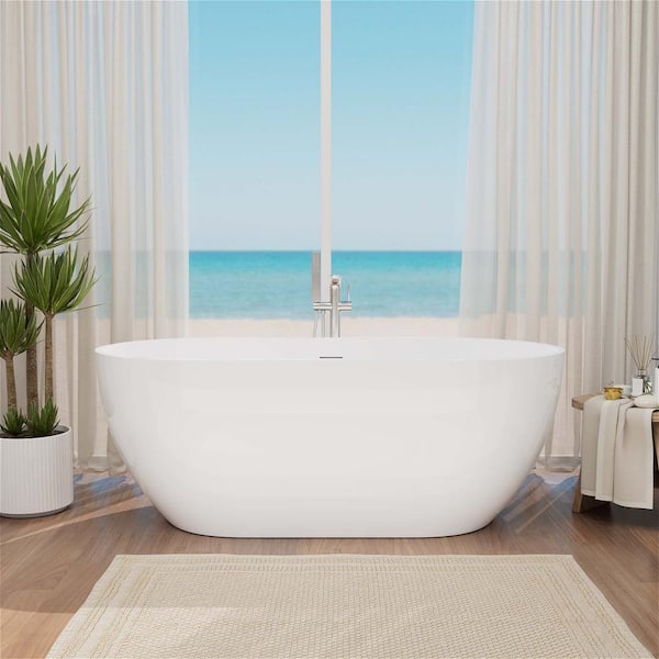Mokleba 65 in. Acrylic Flatbottom Double Ended Bathtub Not Whirlpool Freestanding Soaking SPA Bathtub in White