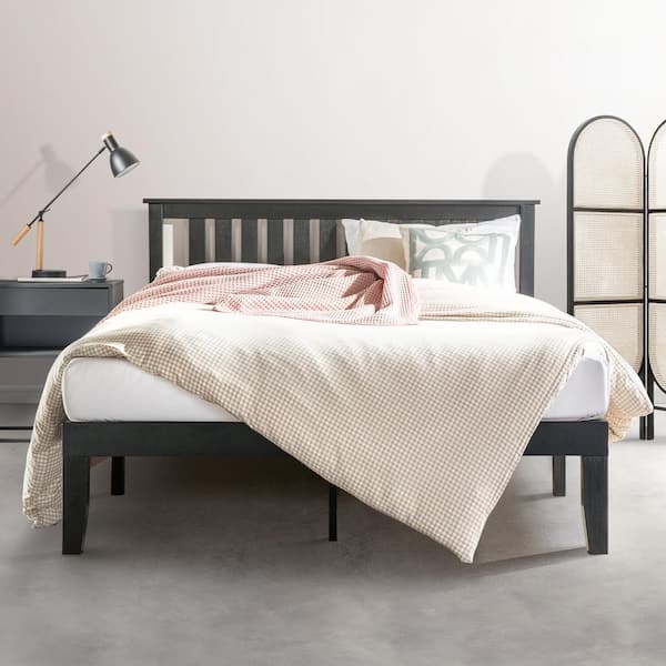 best price mattress Marley 59.5 in. W x 14 in. H Ebony Black Queen Solid Wood Platform Bed with Paneled Headboard