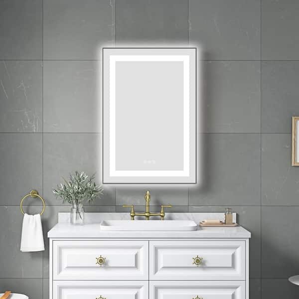 20" W x 32" H Wall Rectangle LED Bathroom Vanity Mirror, Black Aluminum Frame, 3 Colors, Stepless Dimmable, Anti-Fog