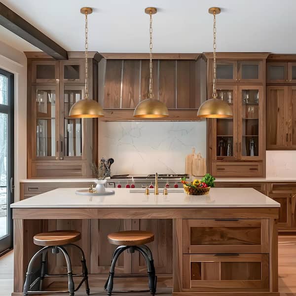 Farmhouse Brushed Gold Bowl Dining Room Pendant Light, 10 in. Modern Industrial 1-Light Dome Kitchen Island Hanging Lamp