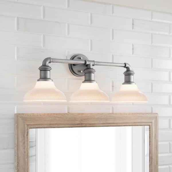 Foxcroft 3-Light Antique Nickel Vanity Light with Clear Prismatic Glass Shades
