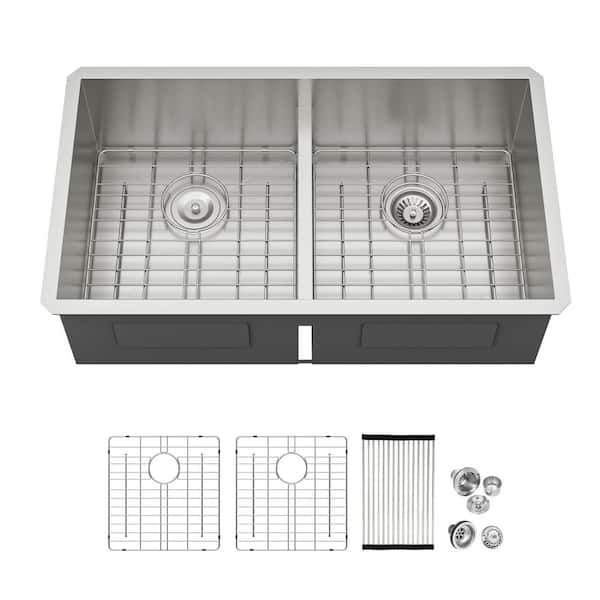 33 in. Undermount Double Bowl 16 Gauge Brushed Nickel Stainless Steel Kitchen Sink with Bottom Grid and Drain Assembly