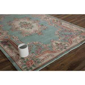 New Aubusson Light Green 2 ft. 3 in. x 10 ft. Traditional Blue Area Rug