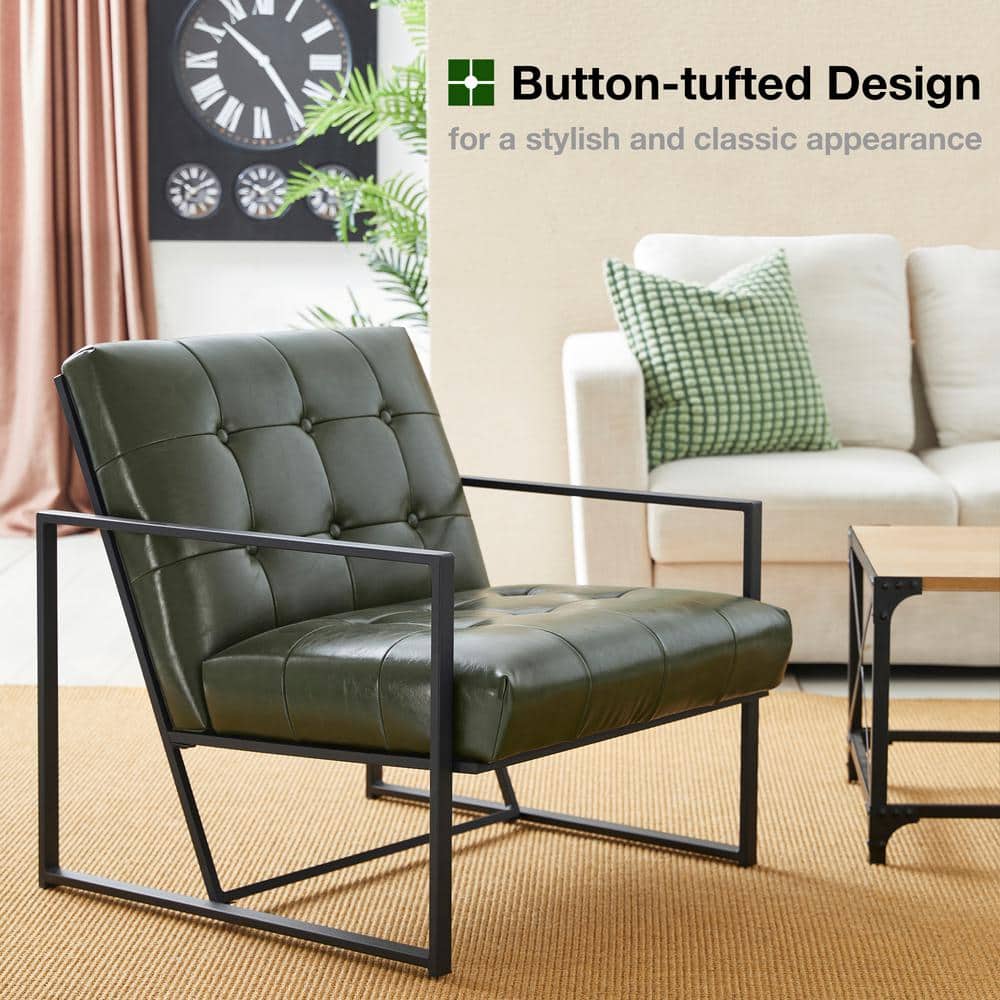 Hunter Green Faux Leather Button-Tufted Accent Chair with Metal Frame