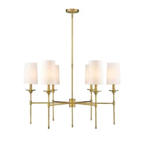 Emily 6-Light Rubbed Brass Chandelier with Off White Cloth Cover Shades