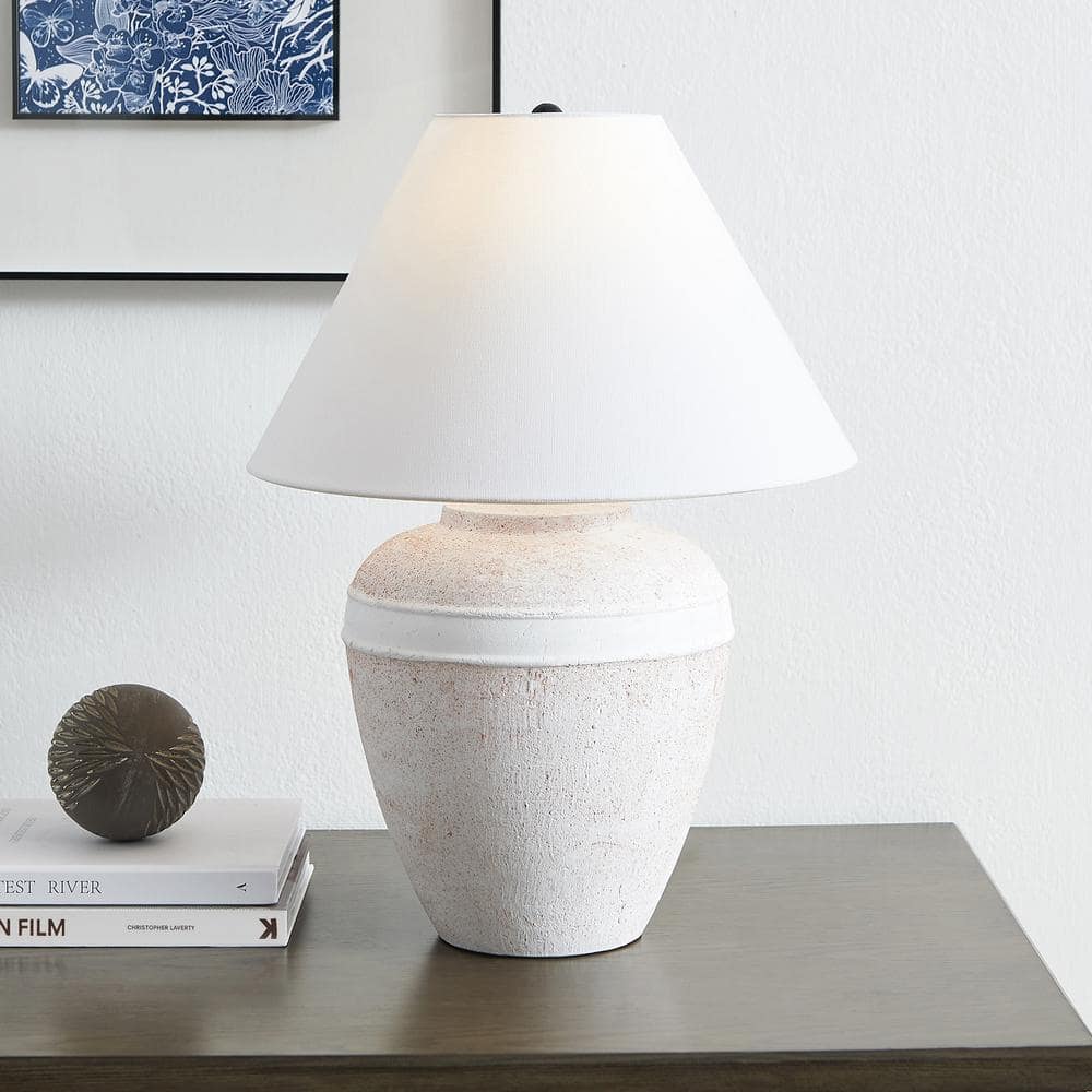 White Ceramic Urn-Shaped Nightstand Lamp with Fabric Shade