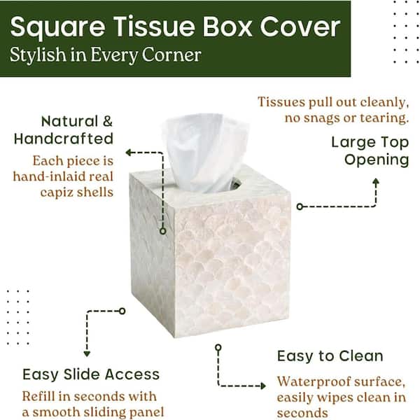 Whatseaso 1 Pack Square Capiz Tissue Box Cover with Bottom Slider