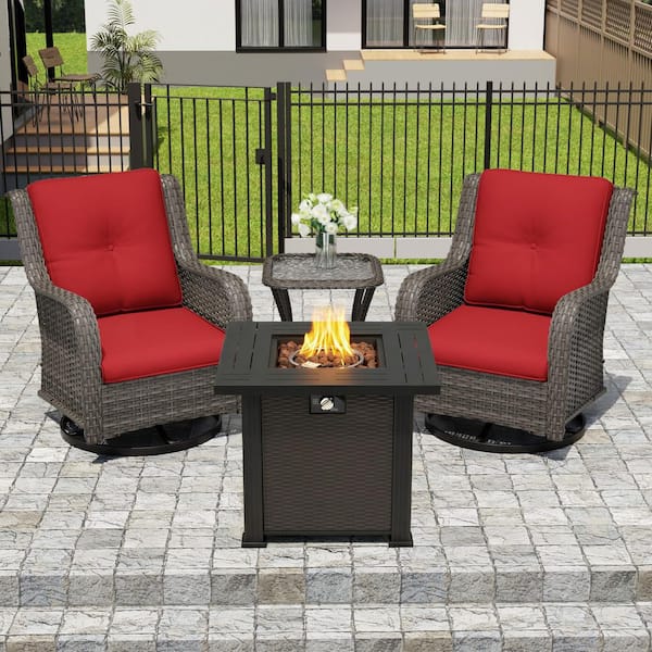 4-Piece Brown Wicker Frame Fire Pit Patio Sets with 2 Swivel Chairs Red Cushions, 1 Fire Pit and 1 Side Table