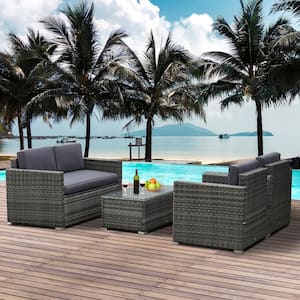 Grey 4-Pieces Steel Plastic Rattan Patio Conversation Set with Grey Cushions, 1 Sofa, 2 Armchairs, and Coffee Table