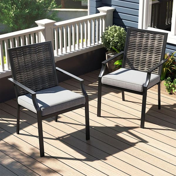 Set of 2 Patio Wicker Outdoor Dining Chairs Rattan Armchairs with Removable Cushions in Gray