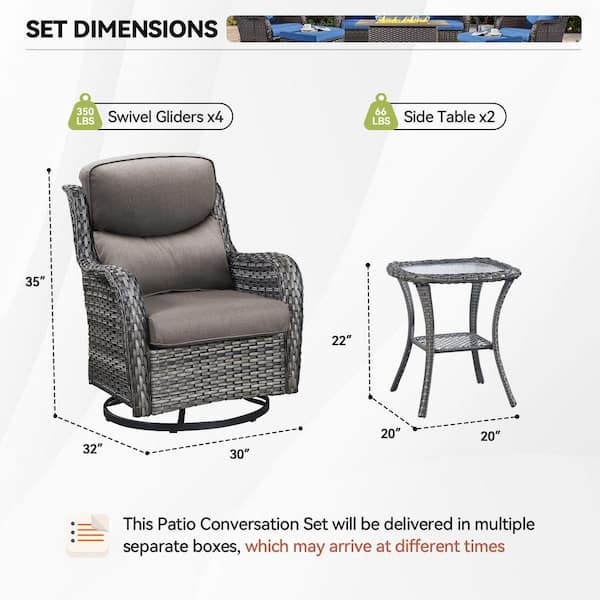 Luxury 6-Piece Gray Wicker Patio Conversation Set with Olefin Gray Cushions and Swivel Gliders/Side Tables