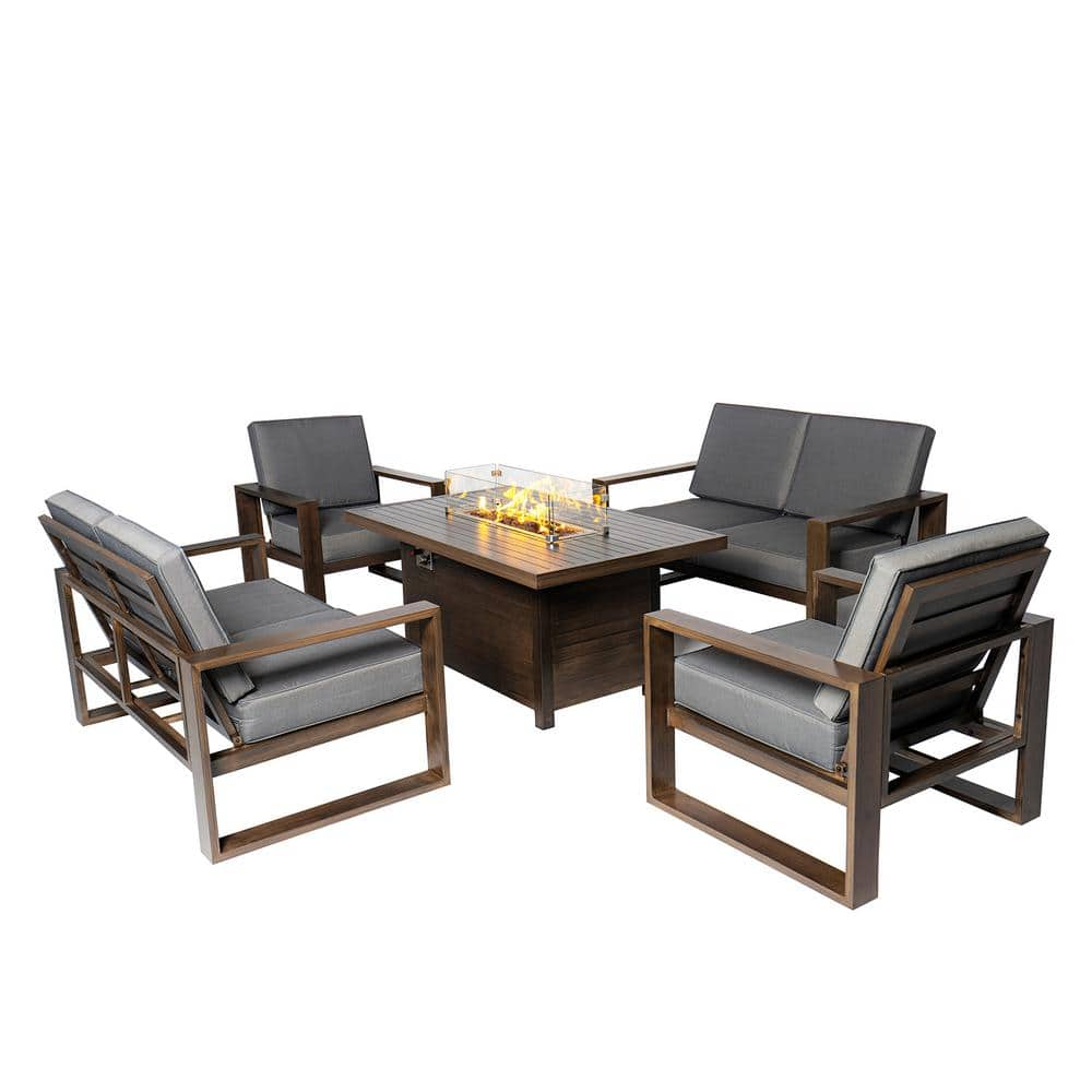 Aluminum Patio Conversation Set with Gray Cushions and 55.12 in Fire Pit Table Sofa Set - 2 Armchair plus 2 x Loveseat -  PATIOPTION, A1356-J-2T-2U