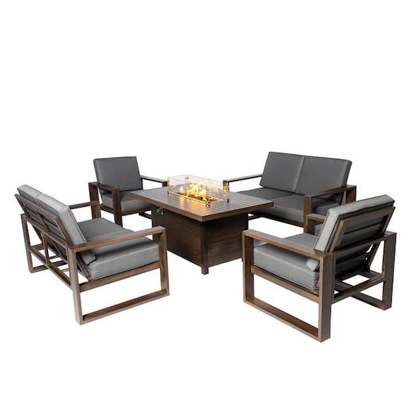PATIOPTION Aluminum Patio Conversation Set with Gray Cushions and 55.12 in Fire Pit Table Sofa Set - 2 Armchair plus 2 x Loveseat