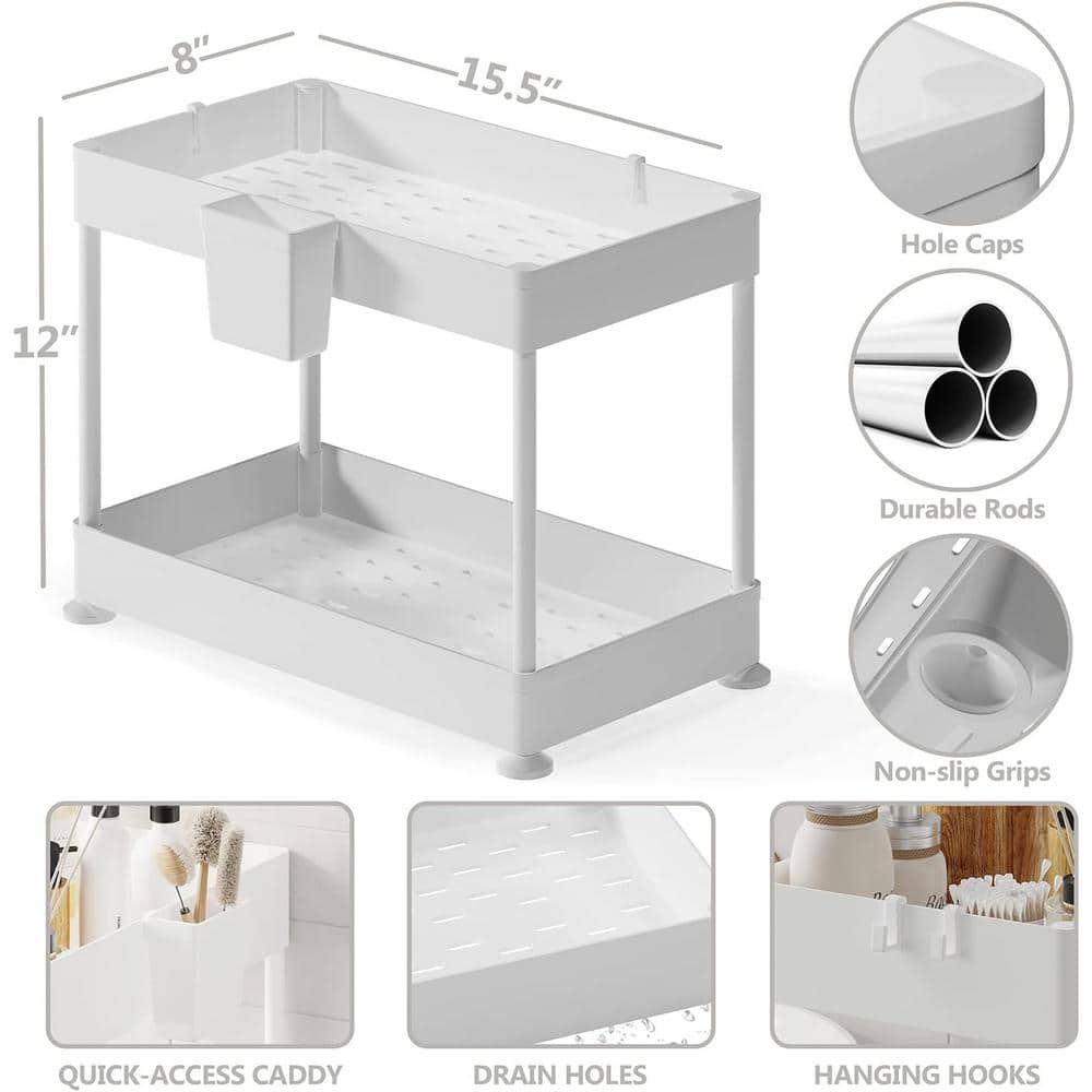 White Two-Tier Under Sink Organizer with Utility Hooks