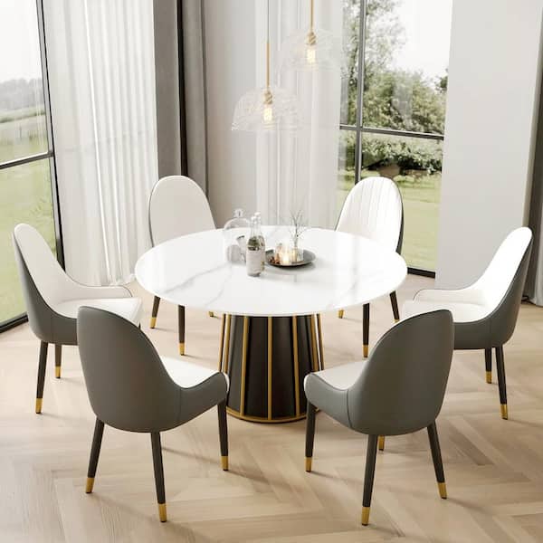 Magic Home 53.15 in. White Sintered Stone Round Tabletop Black Pedestal Base Kitchen Dining Table (Seats-6)