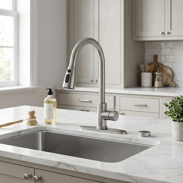 15.6 in. H Single Handle Pull Down Sprayer Kitchen Faucet Stainless Steel with Mobile Motion Sensor in Brushed Nickel