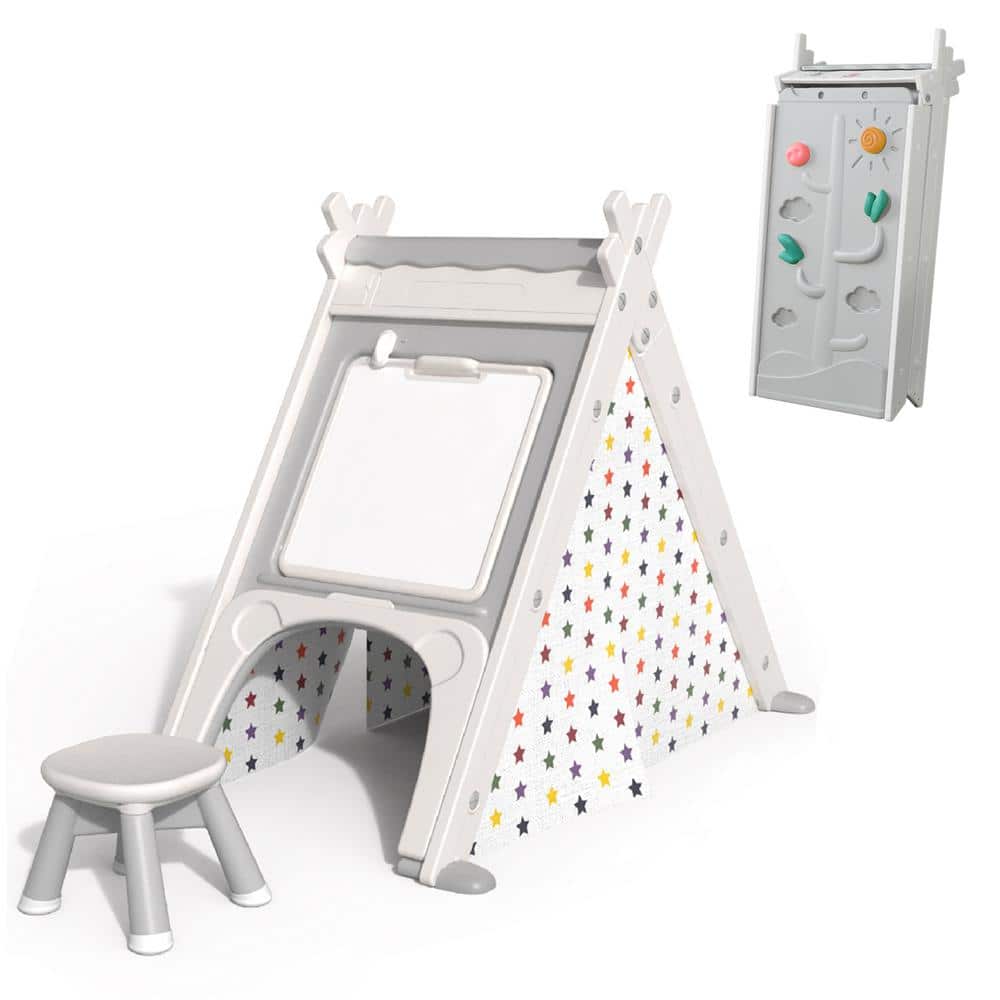 Gray Kids Play Foldable Freestanding Tent - 4 In 1 Teepee Tent with Stool a