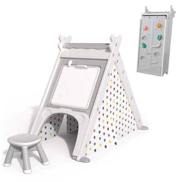 Unbranded Gray Kids Play Foldable Freestanding Tent - 4 In 1 Teepee Tent with Stool and Climber