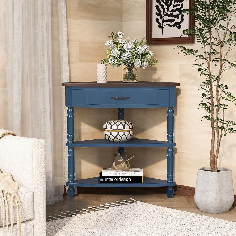 33.8 in. Navy Blue Triangle Wood End Table with 1-Drawer Corner Side Table 
