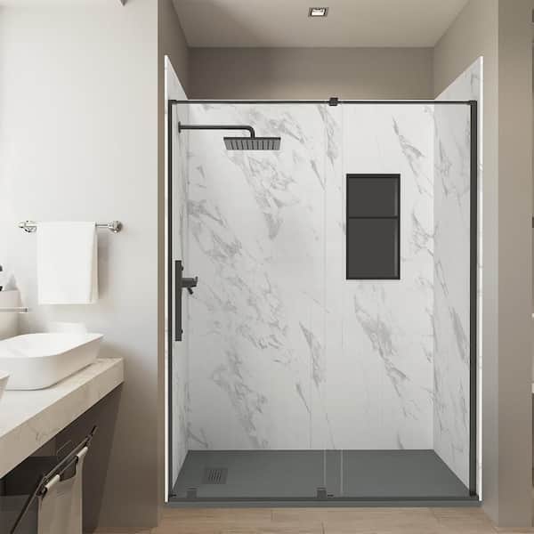 Carrara 32in. x 60in. x 84in. Combo Solid Composite Stone Alcove Shower Kit Matching Black Matte Door, Niche & Drain