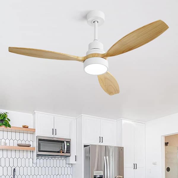 52 in. Smart White Solid Wood White Blades Downrod Mount Standard Ceiling Fan with 3-Color Dimmable Light and 3-Downrods