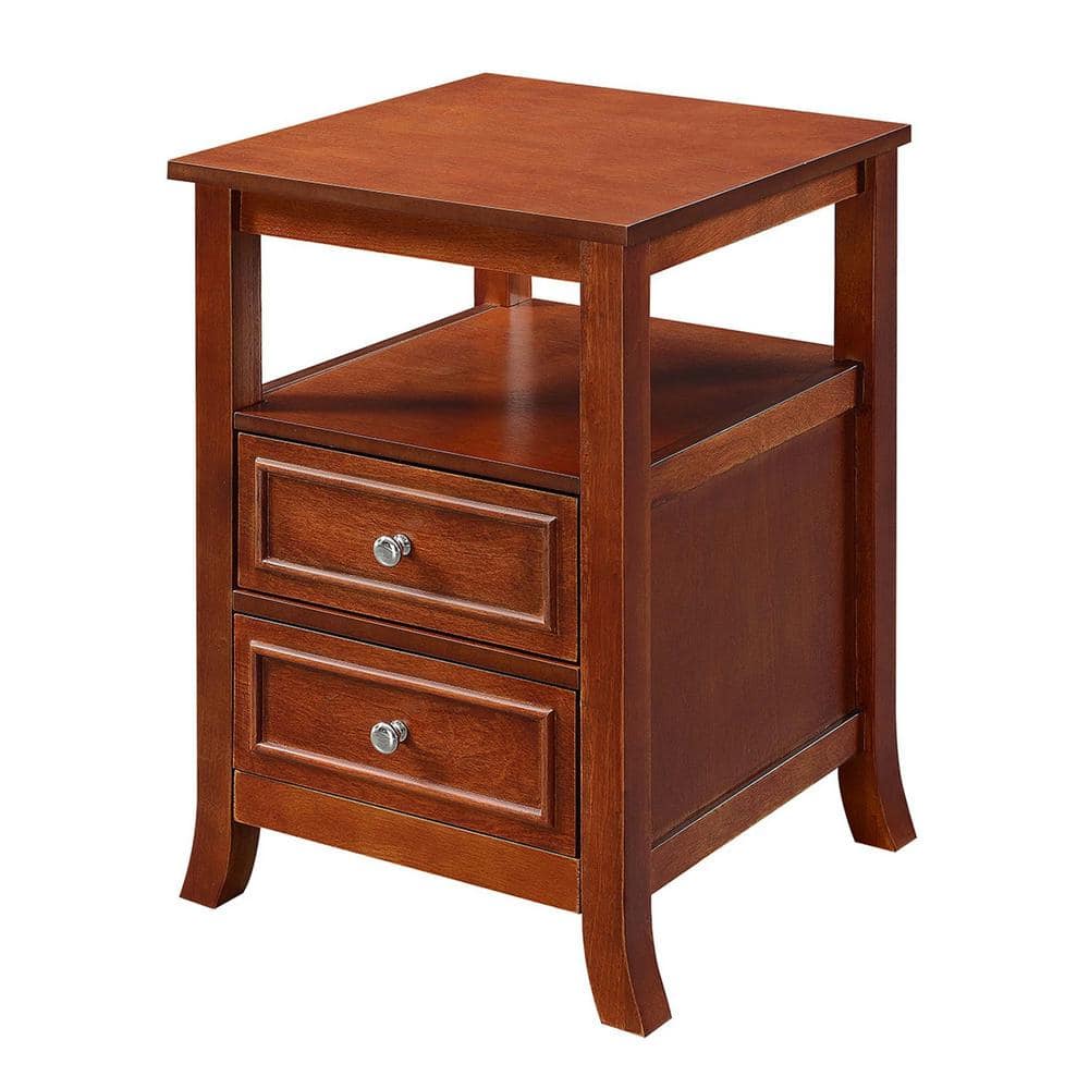 Mahogany Wood End Table with Storage Drawers and Shelf