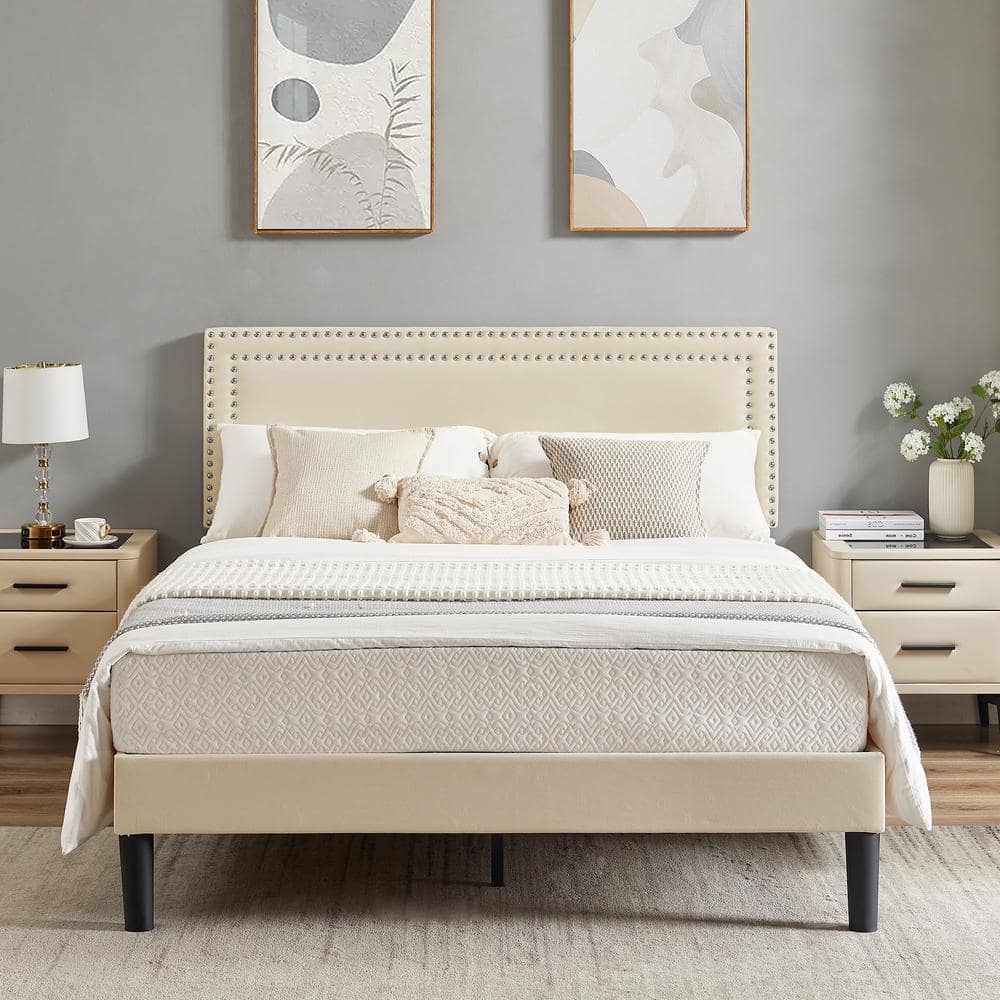 Beige Velvet Upholstered Queen Platform Bed with Tufted Headboard