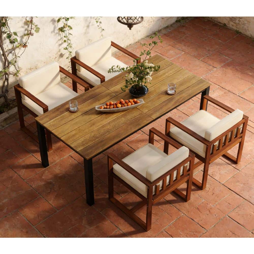 Teak 5-Piece Acacia Wood Outdoor Dining Set with Beige Cushions