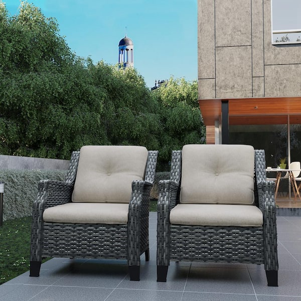 2-Piece Wicker Patio Outdoor Lounge Chair with Beige Cushions