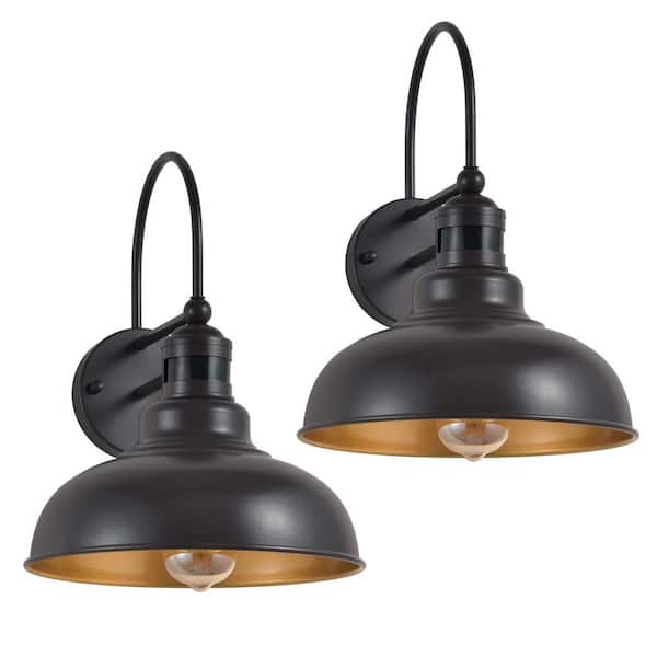 Black and Gold Motion Sensing Dusk to Dawn Farmhouse Outdoor Barn Light Wall Sconce (Set of 2)