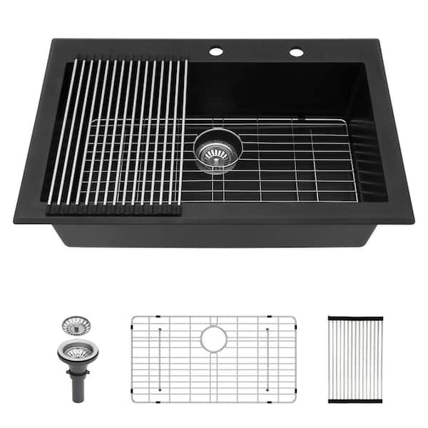 Unbranded 33" x 22" Drop in Single Bowl Black Quartz Kitchen Sink with Bottom Grids and Drying Roll-up Rack