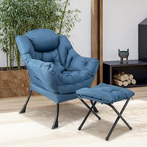 Blue Lazy Chair with Ottoman Modern Leisure Reading Chair with Pillow Armrests Side Pocket And Footrest