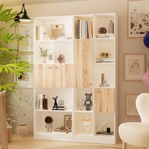 70.8 in. Tall White & Brown Wood 16-Shelf Combo Standard Bookcase Bookshelf Display Cabinet With Doors, Open Shelves