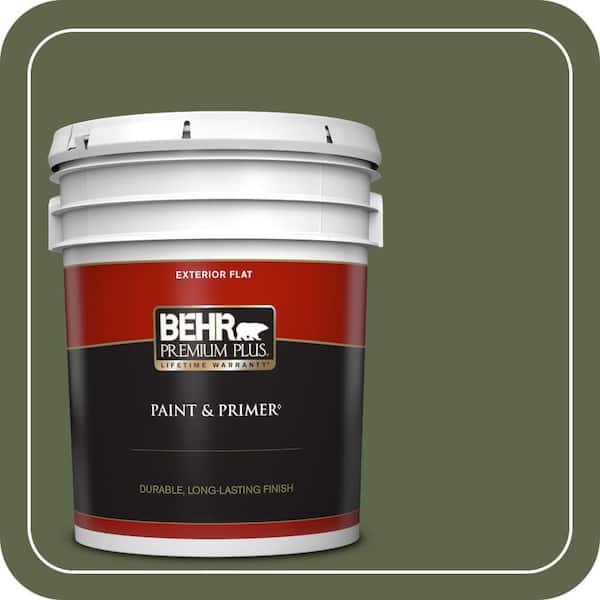BEHR PREMIUM PLUS 5 gal. #410F-7 Fiddle Leaf Flat Exterior Paint & Primer