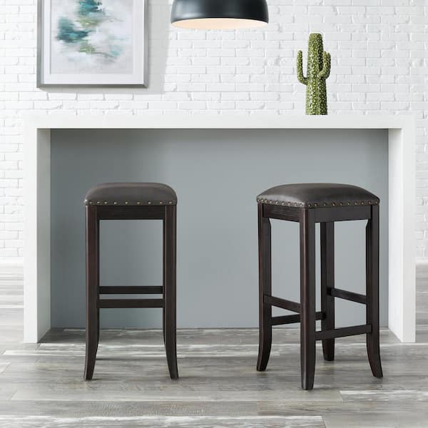 StyleWell Ruby Hill Ebony Faux Leather Upholstered Backless Bar Stools with Nailhead Trim (Set of 2)