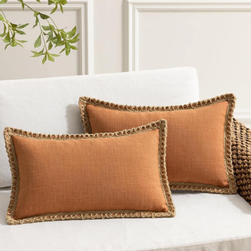 Pack of 2 Decorative Throw Pillow Covers, Burlap Linen Trimmed, Orange