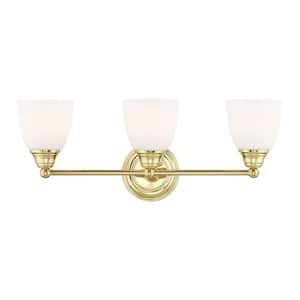 Beaumont 23 in. 3-Light Polished Brass Vanity Light with Satin Opal White Glass