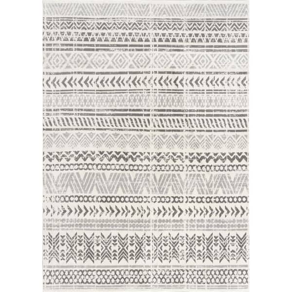 nuLOOM Chloe Tribal Motif Banded Light Grey 10 ft. x 14 ft. Indoor Area Rug
