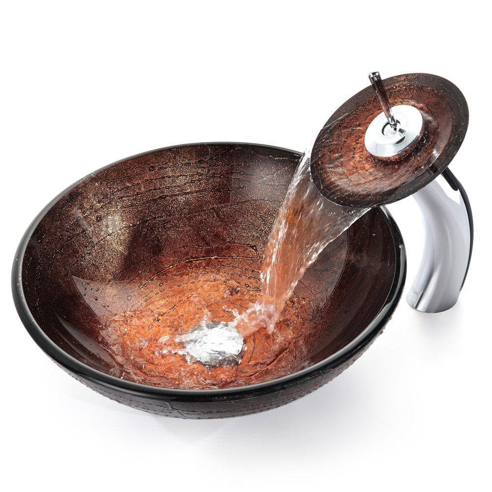 Copper Brown Glass Vessel Sink with Chrome Waterfall Faucet