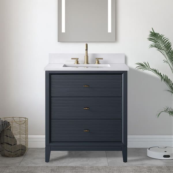 30 in. W x 34 in. H Single Sink Vintage Spruce Blue Bath Vanity Cabinet with Arabescato White Engineered Marble Top