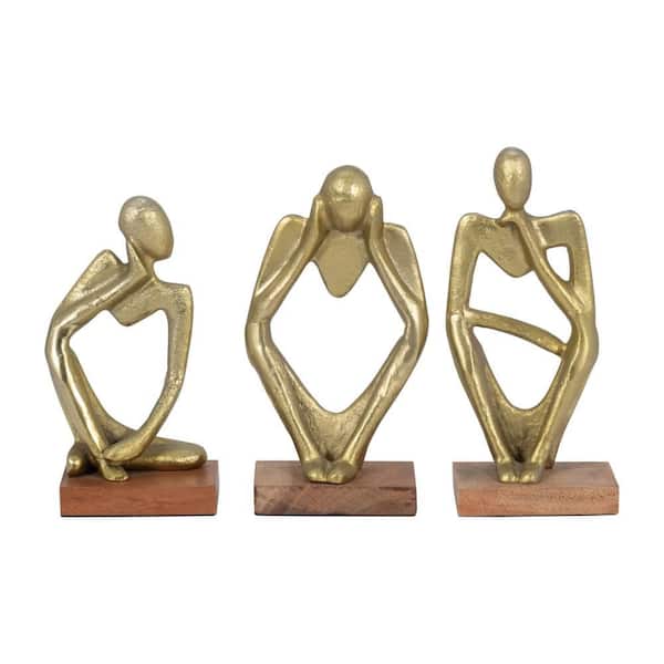 4 in. x 9 in. Gold Metal and Wood Person in Deep Thoughts Figurine (Set of 3)