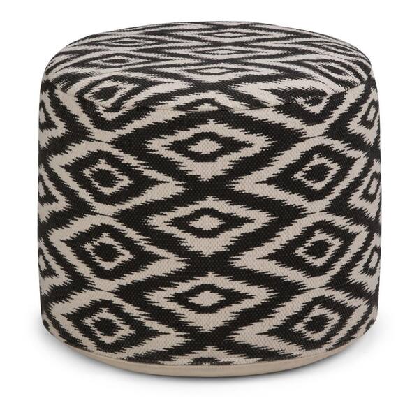 Simpli Home Kinney Transitional Round Pouf in Patterned White, Black Cotton