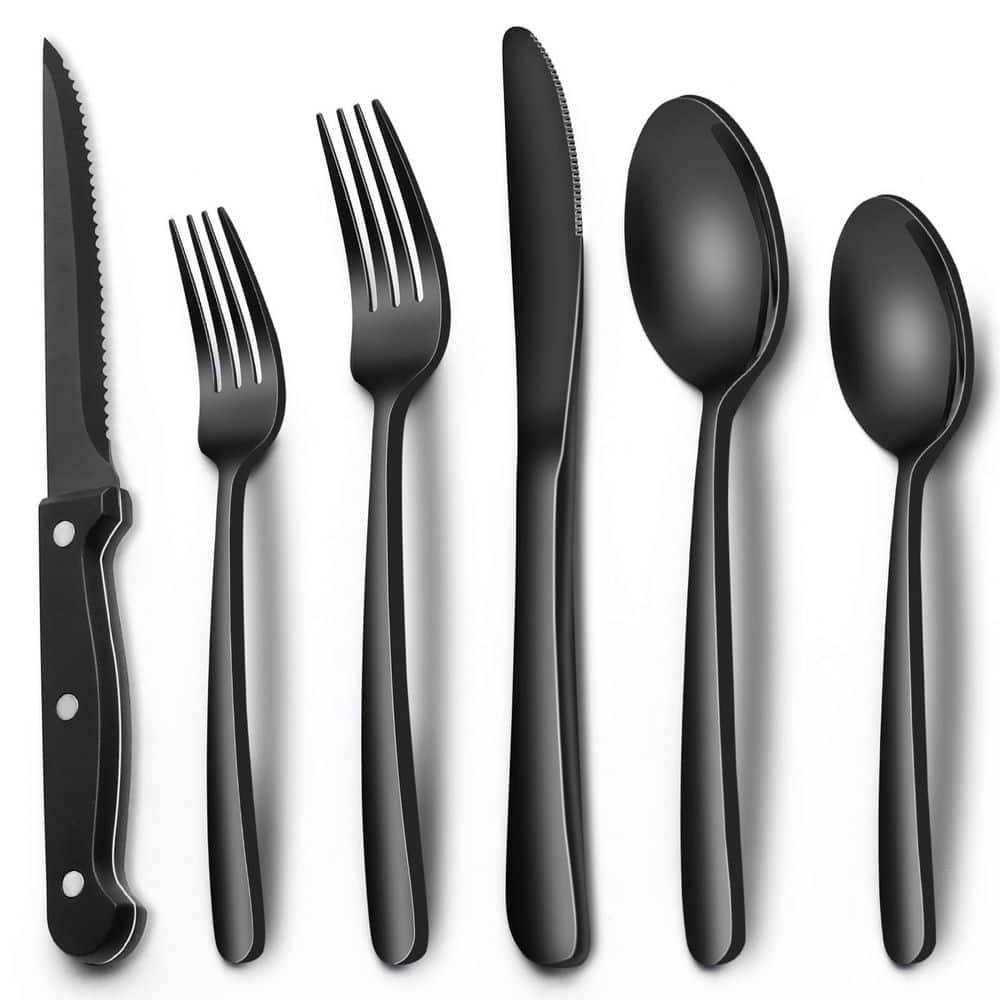 24-Piece Black Stainless Steel Serving Set with Steak Knives, Mirror Finished Utensil Sets for Home Restaurant price history on PriceWatchPro
