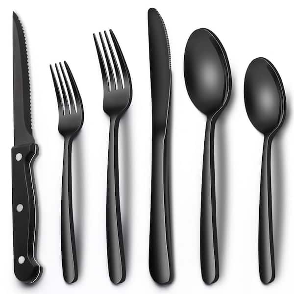 24-Piece Black Stainless Steel Serving Set with Steak Knives, Mirror Finished Utensil Sets for Home Restaurant