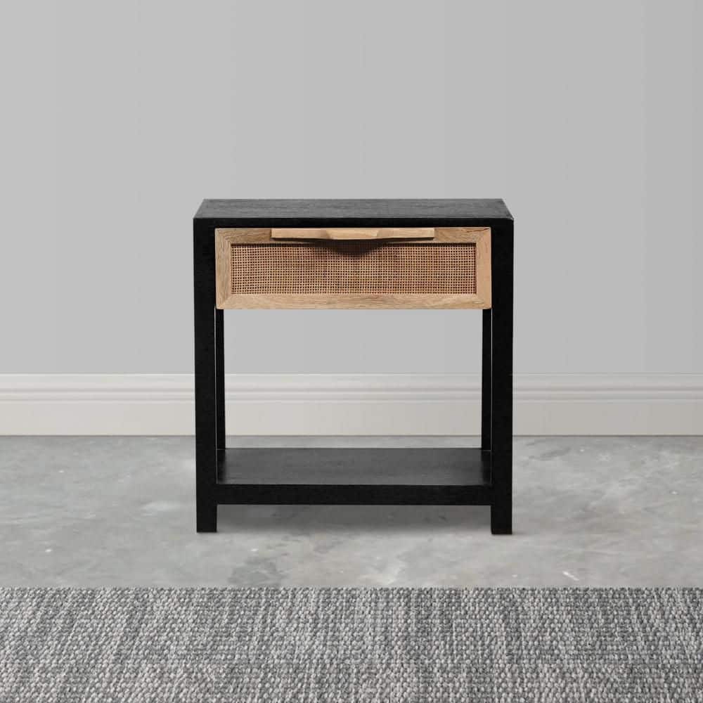 Tia 22 Inch Black Pine Wood Side Table with Rattan Drawer