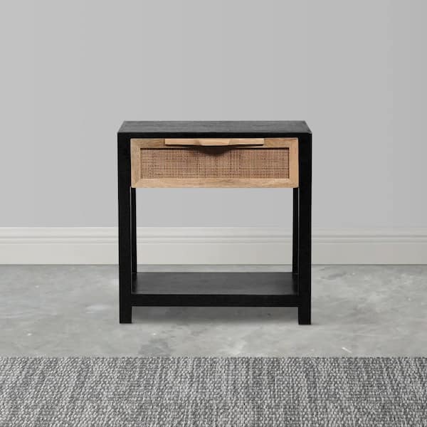 Benjara Tia 22 in. Black Rectangular Mango Wood Top Accent Side Table with 1-Drawer