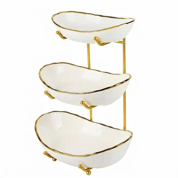 3-Tier Ceramic Fruit Bowl Set Detachable Gold-Rimmed Oval Tiered Serving Trays with Metal Stand for Decor